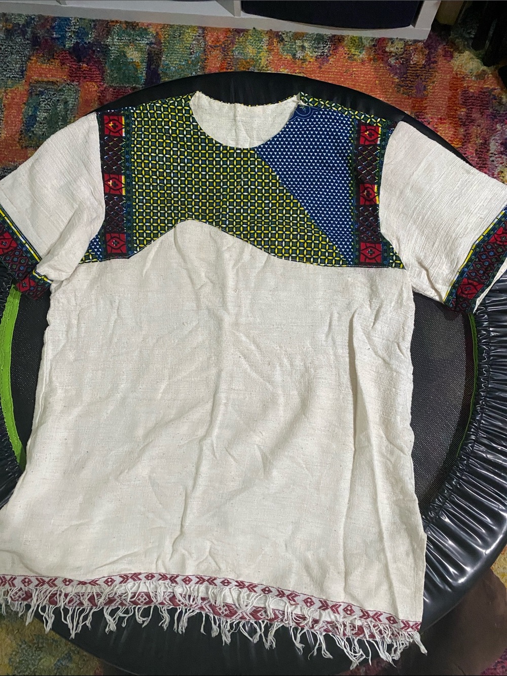 Men's White Short-Sleeve Shirt with Multicolor Patterned Yoke